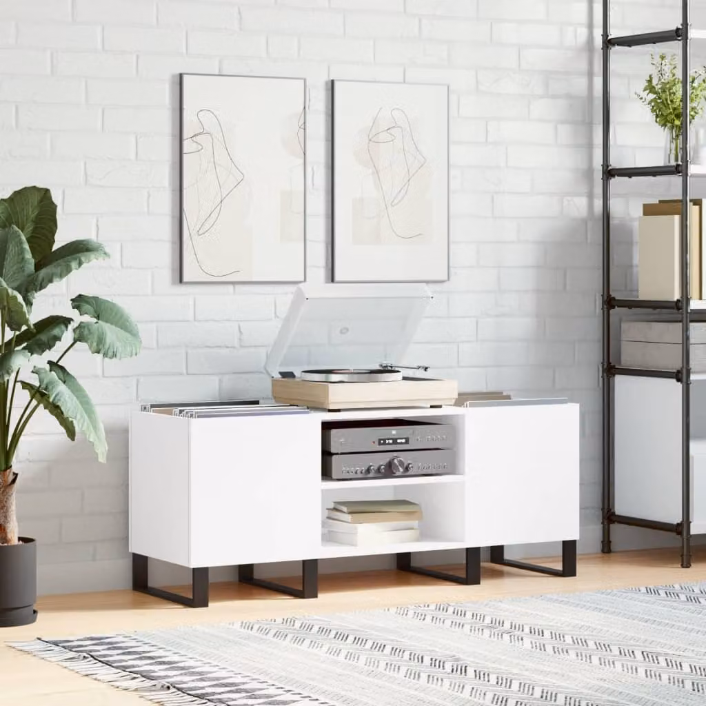 vidaXL Mobile Porta Dischi Bianco in Legno Multistrato e Metallo L: 121 cm, P: 38 cm, H: 48 cm