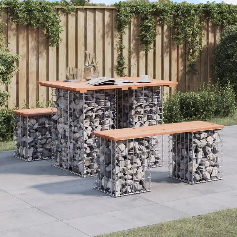 vidaXL Tavolo da giardino in stile industriale con gabbione e legno massello Douglas marrone L: 100 cm, P: 70 cm, H: 72 cm