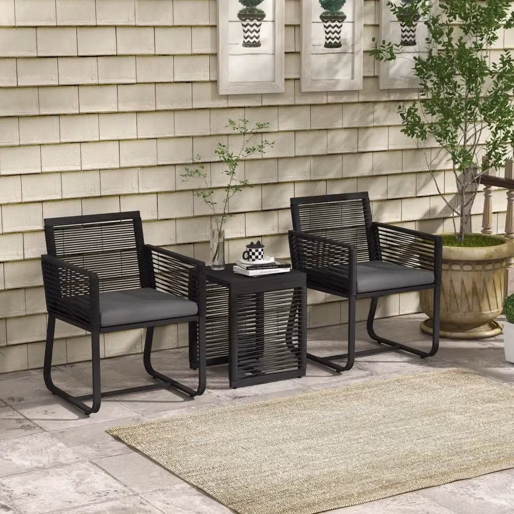 Set Tavolino e 2 Poltroncine da Giardino GIORDANOSHOP in Rattan PE e Acciaio Nero con Cuscini in Poliestere Grigio – 2