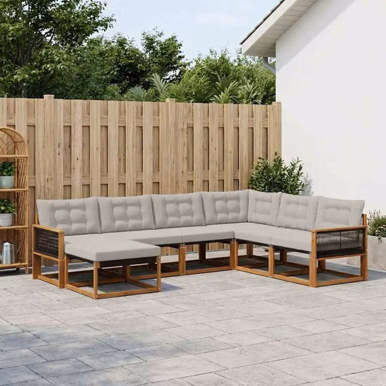 Set di divani da esterno vidaXL 8 pz in legno di acacia con cuscini beige e grigio chiaro