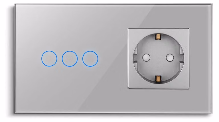Presa a muro, porte USB Type-C, interruttore a sfioramento, 3 interruttori e 1 presa, standard UE
