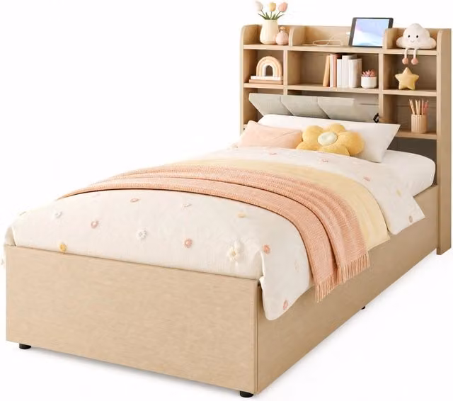 Letto singolo 90x200 cm con contenitore idraulico; USB e USB-C; MDF e compensato