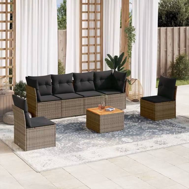 vidaXL Set Divani da Giardino 7 pz in Polyrattan con Tavolino e Cuscini Grigio e Marrone
