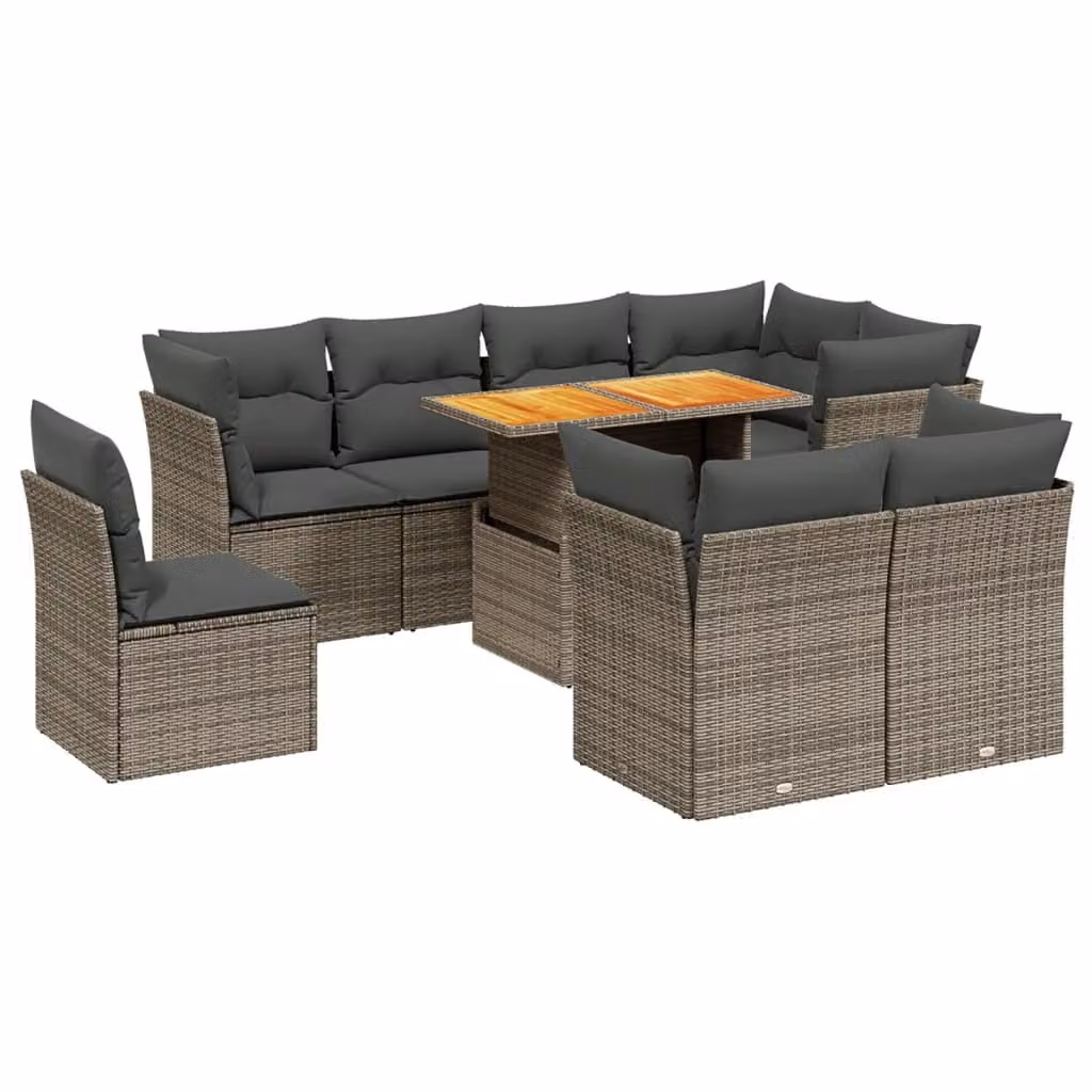 Set Divano da Giardino 9 pz con Cuscini Grigio in Polyrattan