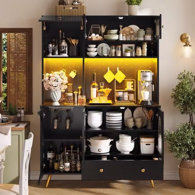 Mobile dispensa moderna in MDF e vetro nero con illuminazione LED, presa integrata e USB, L/P/H: 120 x 40 x 176 cm
