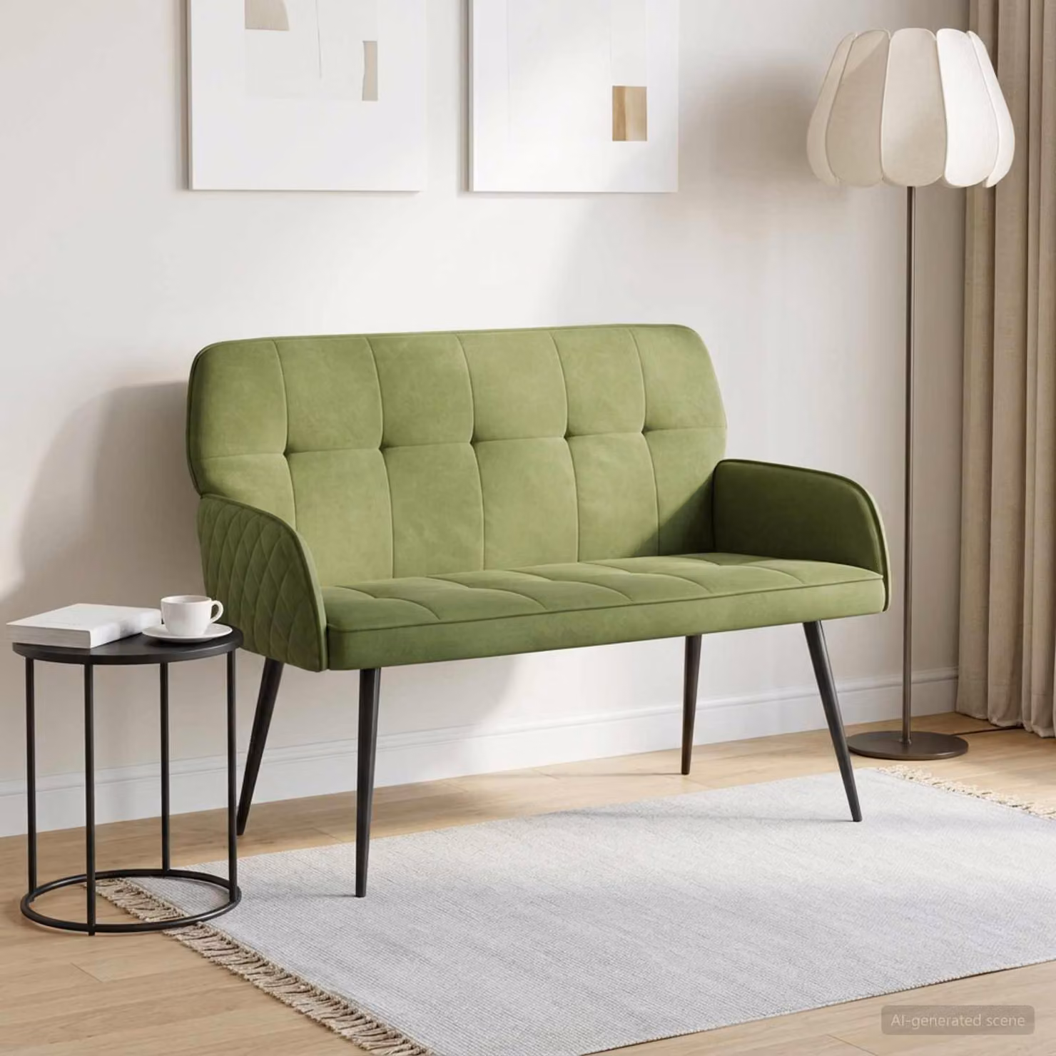 Divano a 2 posti vidaXL in velluto verde con gambe in metallo per soggiorno e camera da letto L: 115 cm, P: 86 cm, H: 58 cm