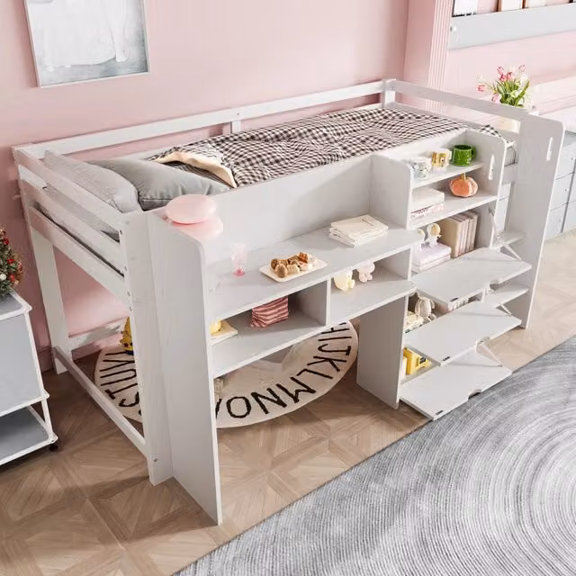 Letto a soppalco singolo 90 × 200 cm a forma di casetta, ripiani e 3 vani chiusi, senza materasso, pino bianco