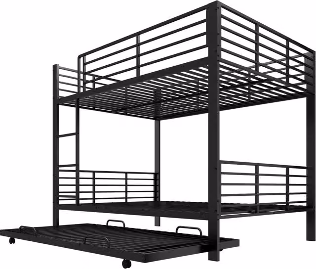 Letto a castello Chicfurn a 3 posti con letto estraibile, scala e barriere di sicurezza, in metallo nero, L/P/H: 140 x 200 cm