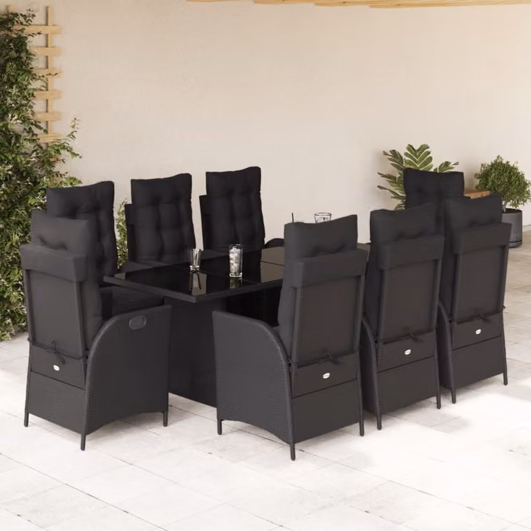 Set da pranzo da giardino vidaXL in polyrattan nero con cuscini e tavolo in vetro, 9 pezzi