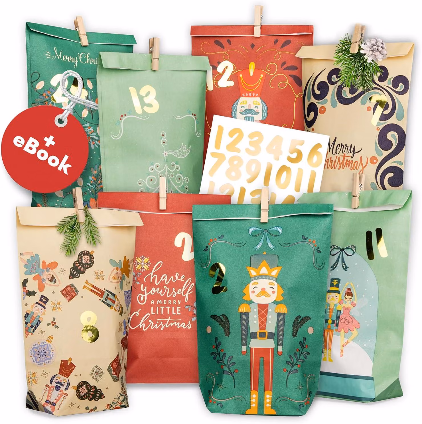 Calendario dell'Avvento da riempire: 24 sacchetti di carta per l'Avvento (con mollette di legno) da decorare per Natale