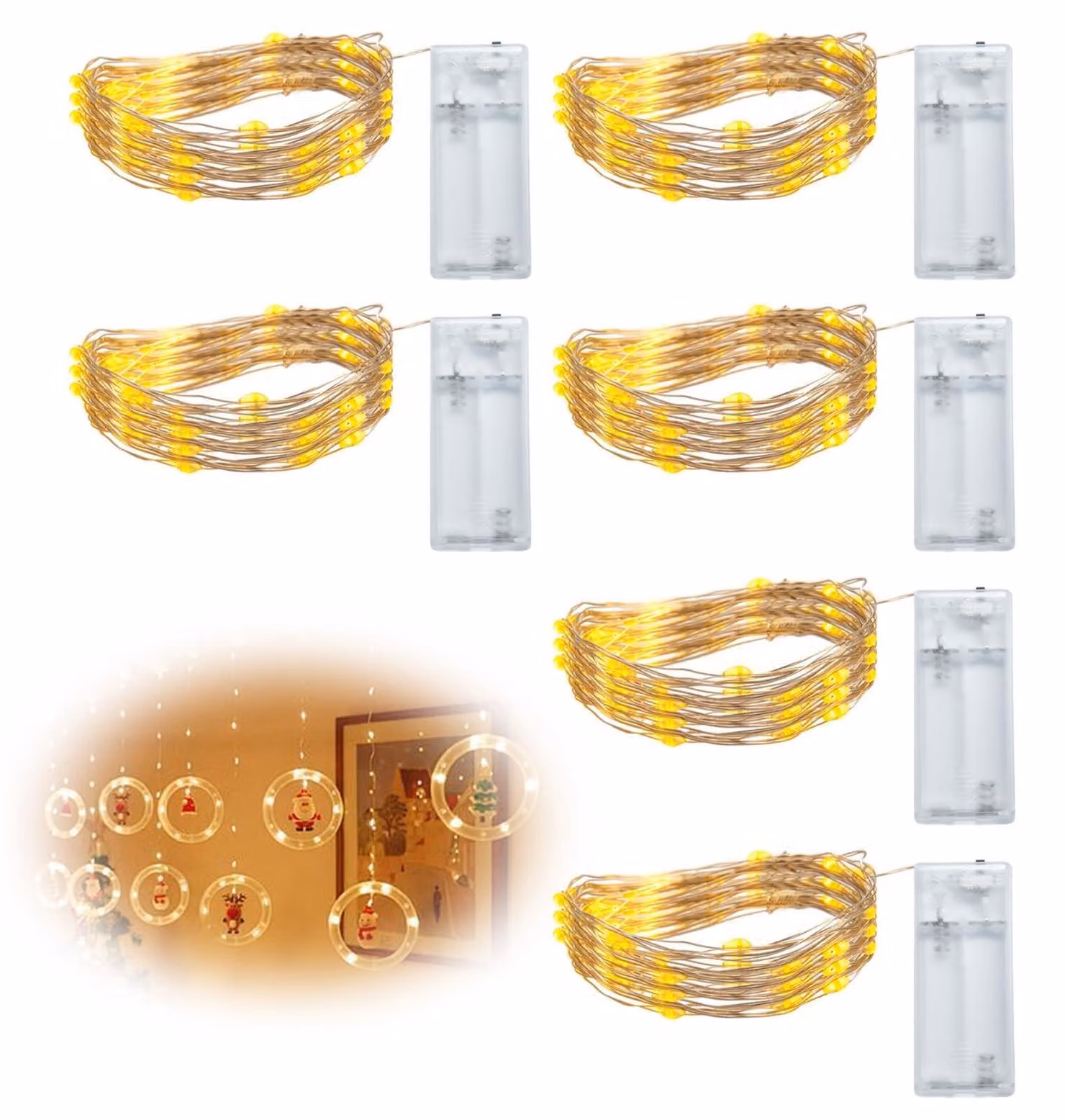 Set di 6 catene luminose a LED, lunghezza 2 metri, 20 LED, luce bianco caldo, alimentazione a batteria