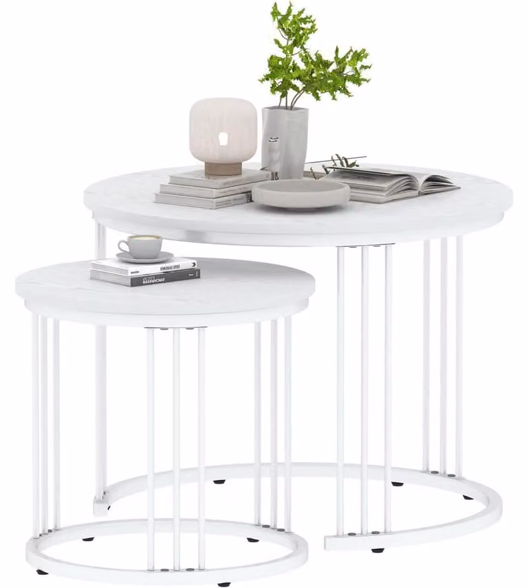 Set di due tavolini rotondi, tavolini ausiliari con struttura in metallo, colore bianco, diametro 60 cm