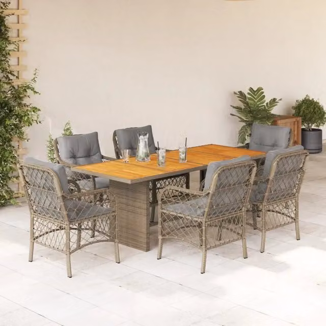 Set da pranzo da giardino vidaXL in polyrattan con tavolo in legno di acacia e 7 pezzi con cuscini beige e grigi