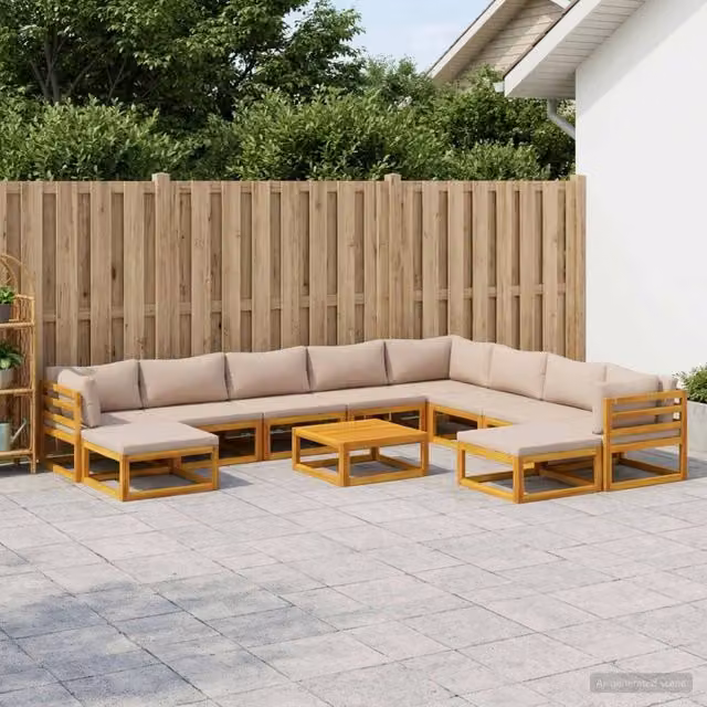Set di divani da esterno vidaXL in legno di acacia massello con cuscini beige e tavolo da caffè, 11 pezzi – 1
