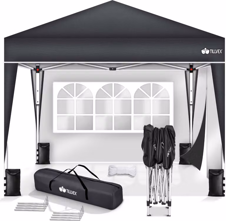 gazebo tillvex 3x3m antracite - con 2 pannelli laterali impermeabili | gazebo pieghevole pop-up regolabile in altezza | tenda da giardino protezione UV 50+ | tenda da festa con borsa per giardino