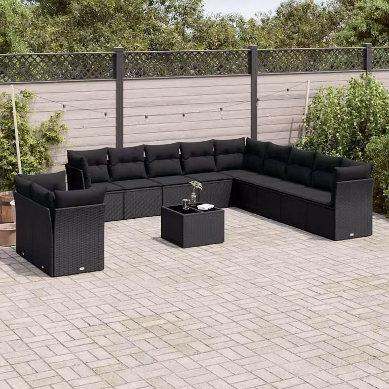 vidaXL Set Divani da Giardino 12 Pezzi in Polyrattan Nero con Cuscini e Tavolino da Esterno