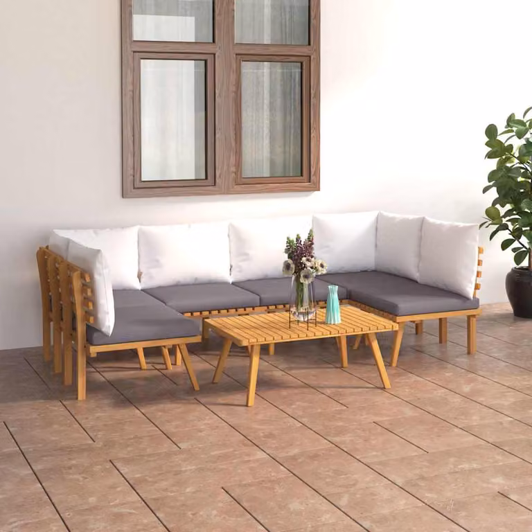 Set di divani da giardino vidaXL in legno di acacia massello con 7 pezzi e cuscini in stile rustico