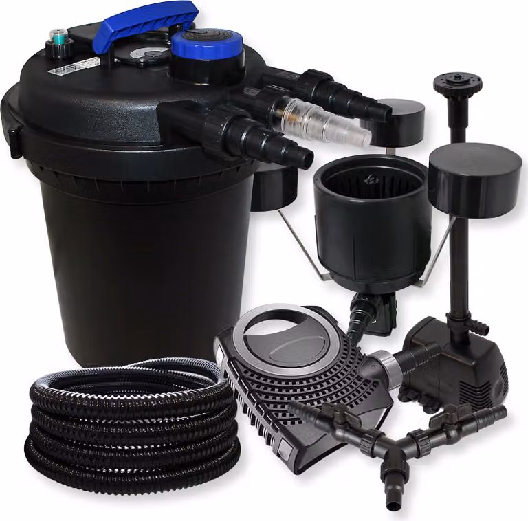 Set completo SunSun: filtro a pressione per laghetti CPF-250 fino a 10000 L con chiarificatore per laghetti da 11W, pompa per laghetti CTF-8000 da 8000l/h 70W, tubo per laghetti da 25m 25mm, schiumatoio CSP-250 da 2500l/h, fontana HJ-943 da 800l/h, distri