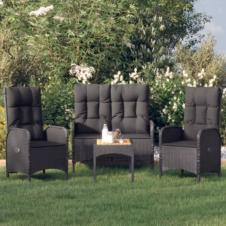 The Living Store Set da pranzo da giardino 4 pezzi con cuscini in poly rattan nero