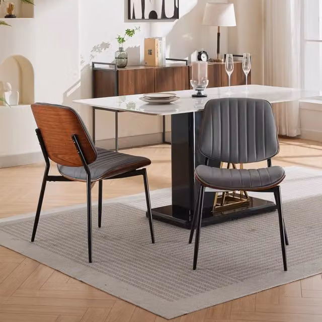 Sedia da sala da pranzo vintage OKWISH in ecopelle grigia con schienale in legno noce e gambe in metallo