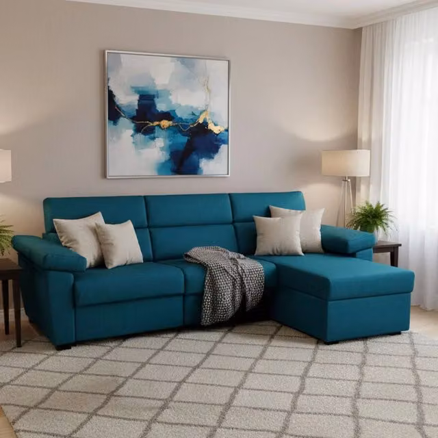 Divano Letto Priverno DMORA con Penisola Sfoderabile Made in Italy, Azzurro, L/P: 285 x 160 cm