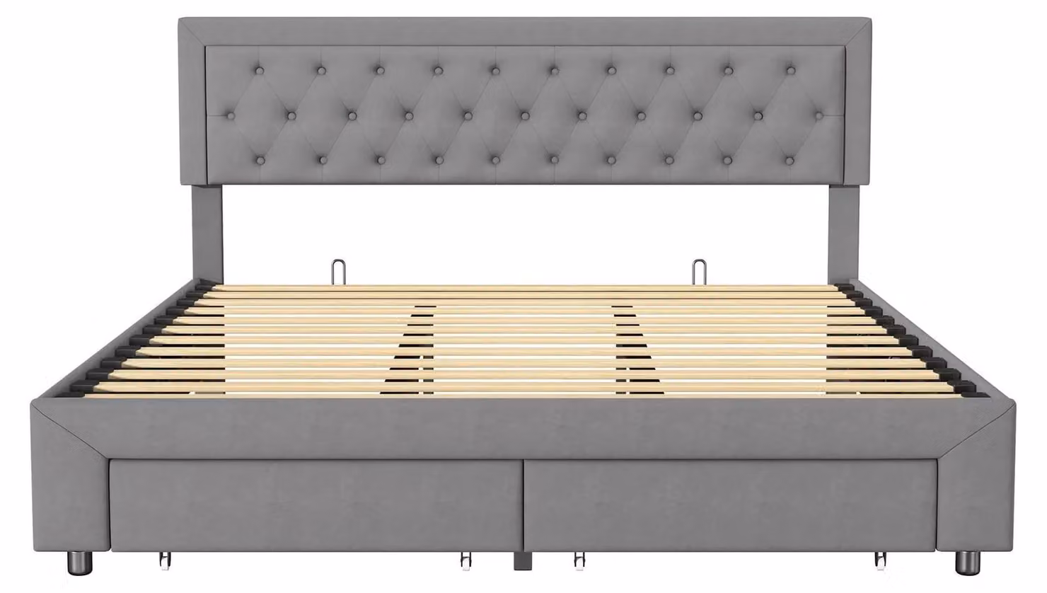 Letto contenitore con meccanismo a sollevamento - Letto matrimoniale imbottito 160x200 cm - Testiera con schienale - Rivestimento in velluto - 2 cassetti - Colore beige - Senza materasso