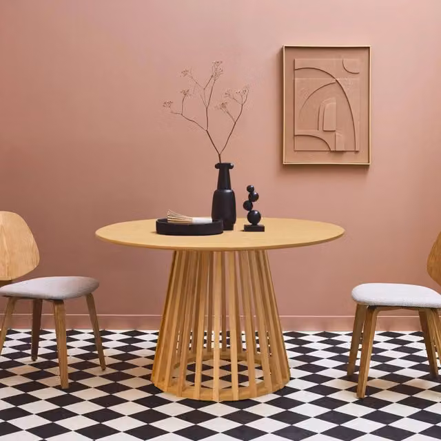 Tavolo da pranzo rotondo Sweeek in effetto legno beige e marrone, 4 posti, Diametro: 120 cm, Altezza: 75 cm – 1