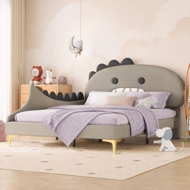Letto per bambini REDOM a forma di casetta con struttura imbottita in ecopelle grigia, L/P/H: 209 x 140 x 110 cm – 1