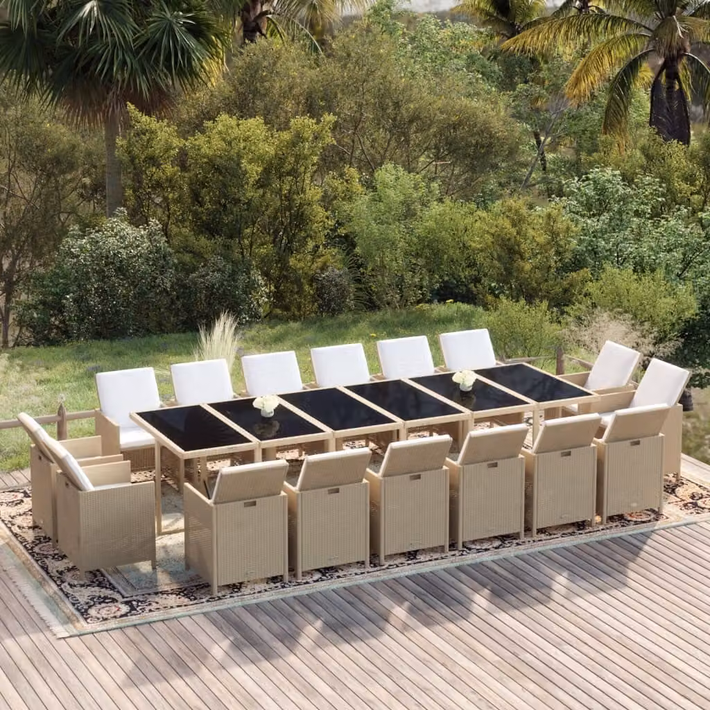 The Living Store Set da pranzo da giardino 17 pezzi con cuscini in polyrattan beige