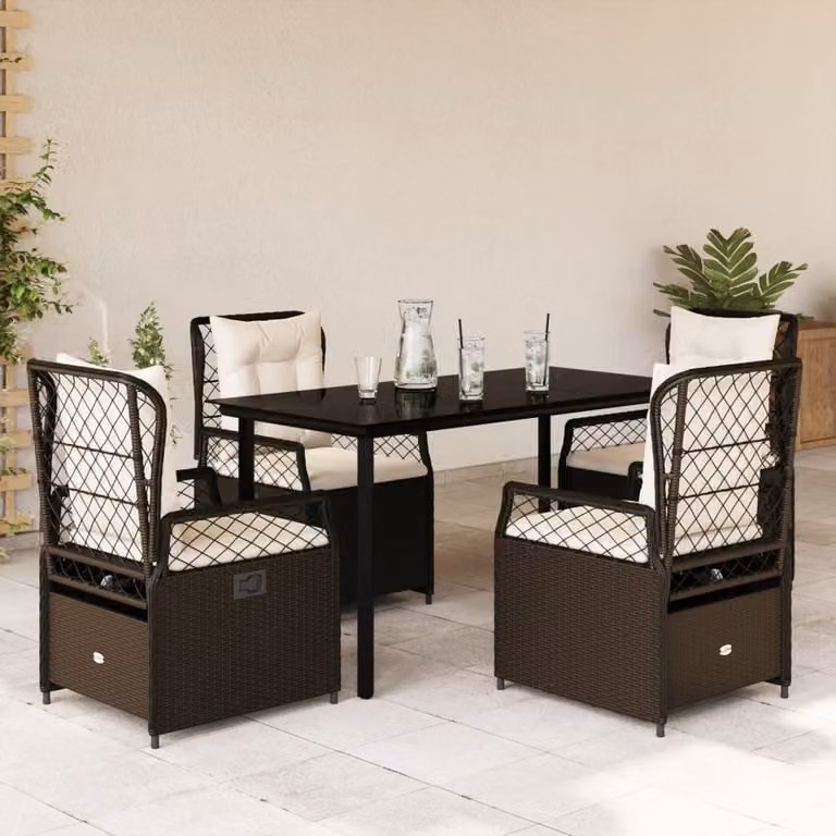 Set da Pranzo da Giardino 5pz vidaXL in Polyrattan Marrone con Cuscini e Piano in Vetro