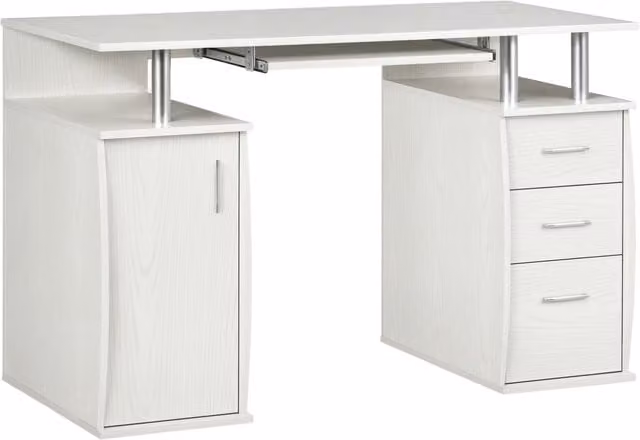 Bureau d'ordinateur, bureau informatique 120 x 55 cm avec plateau pour clavier, 3 tiroirs, pour chambre, domicile, blanc