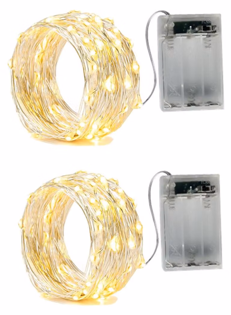 Set di 2 catene luminose a LED, 50 LED, 5 metri, luce bianco caldo, alimentazione a batteria