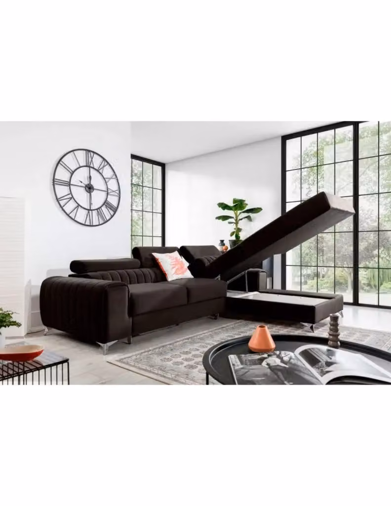 Divano ad angolo destro JAYSON MEUBLORAMA marrone con funzione letto, contenitore e pouf coordinato, L 278 cm x P 205 cm x H 92 cm – 2