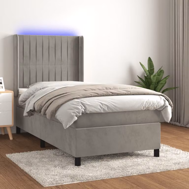 Letto con Materasso Ibrido e Illuminazione LED vidaXL in Velluto Grigio Chiaro, L/P/H: 90 x 190 cm