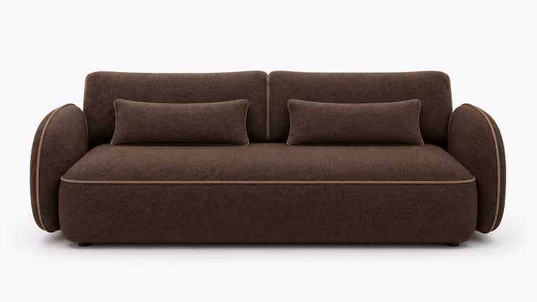 Sofello ORIA con funzione relax – Colore: marrone melange | Divano moderno realizzato in tessuto bouclé alla moda con bordi decorativi, superficie di riposo: 204 × 144 cm