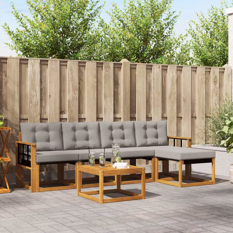 vidaXL Set di divani da esterno a L composto da 6 pezzi in legno di acacia con cuscini in tessuto textilene, colore beige e grigio