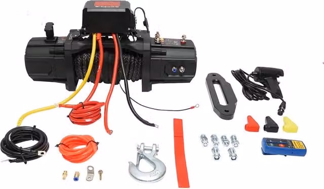 Verricello elettrico Breckner Germany con telecomando 12V, 6,1T (13500 libbre), 6,5HP, cavo sintetico 9x24m e solenoide 400A, colore nero – 1