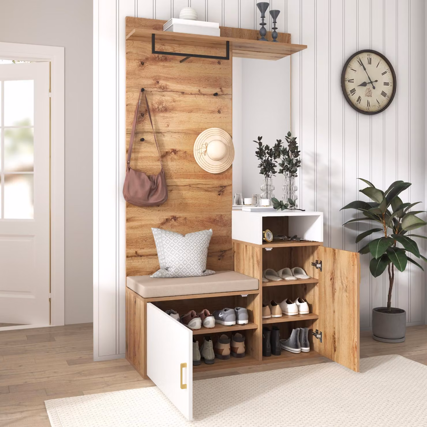 Set guardaroba GL Store in stile scandinavo con specchio, panca, scomparti per scarpe e barra appendiabiti, Bianco e Colore naturale, L 105 cm, P 40 cm, H 190,5 cm – 2