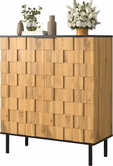 Scarpiera a mosaico, scarpiera a 2 ante, mobile contenitore per ingresso, effetto legno, in truciolato, con piedini in metallo e scomparti regolabili