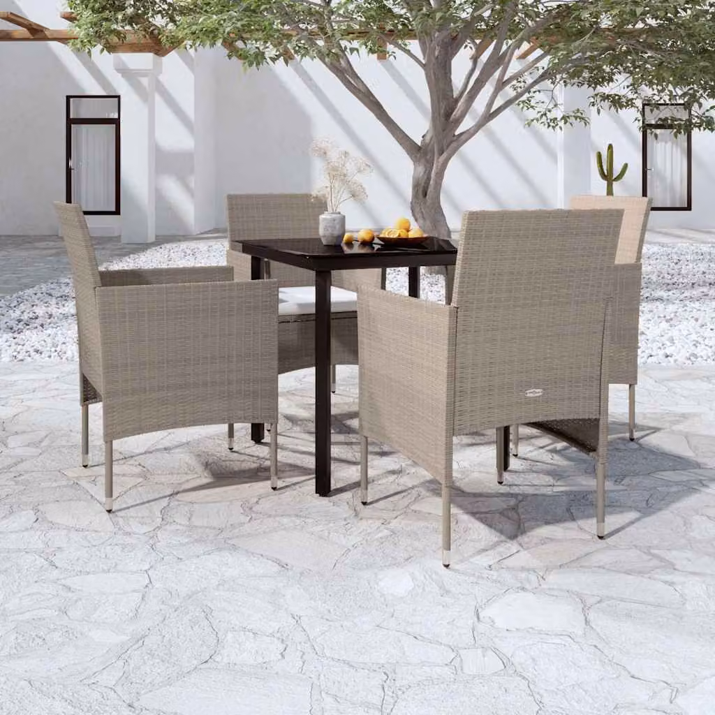Set da pranzo da giardino vidaXL in rattan con tavolo in vetro e 5 sedie con cuscini beige e nero