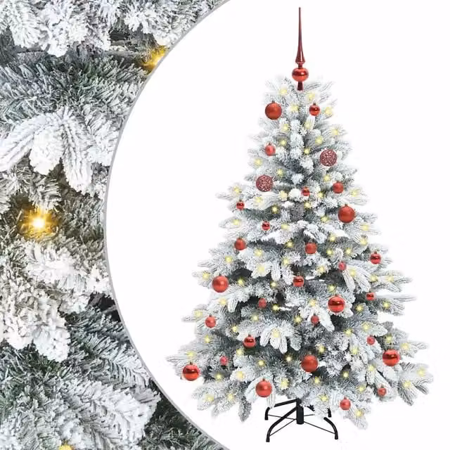 Albero di Natale Artificiale Moderno vidaXL con 150 LED Bianco Caldo, Altezza: 150 cm, Verde e Bianco in PE e PVC – 1