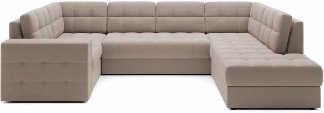 Divano ad angolo trasformabile MONTEZA MEUBLORAMA beige con letto e vano contenitore, forma a U, struttura in legno e tessuto
