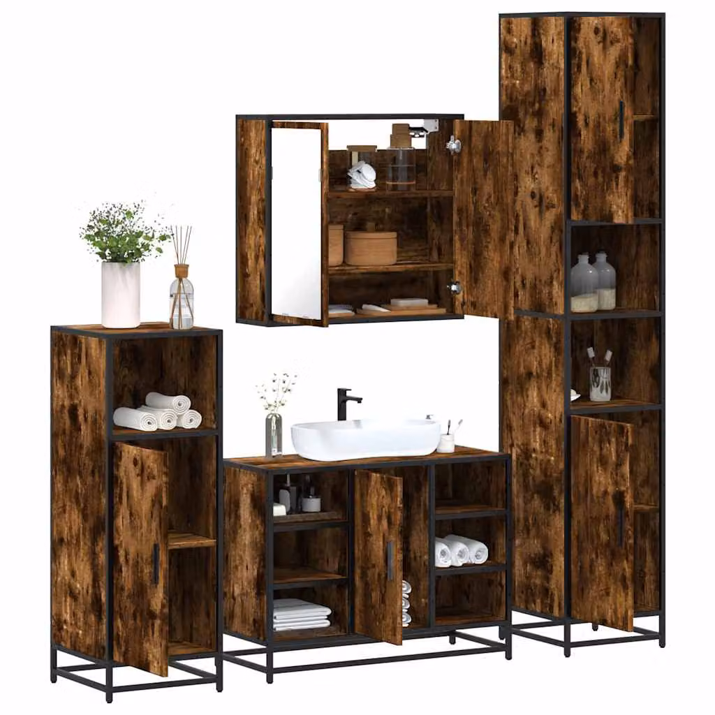 Set di mobili da bagno industrial vidaXL 4 pezzi in legno e metallo marrone con armadietto specchio, mobile lavabo, mobile laterale e colonna alta – 1