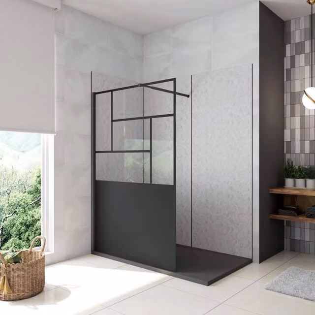 Doccia Walk In Parete Fissa Vetro Temperato 8 mm Anticalcare 100x200cm Semitrasparente Riquadri Nero Serigrafato Barra Stabilizzatrice da 73-120 cm