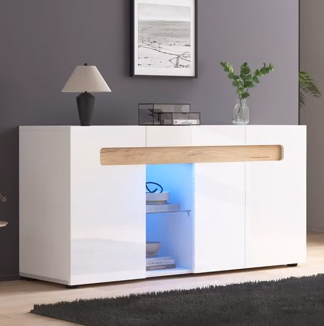 Credenza a 3 ante con LED controllato via app; 140x40x70 cm; bianco e legno naturale