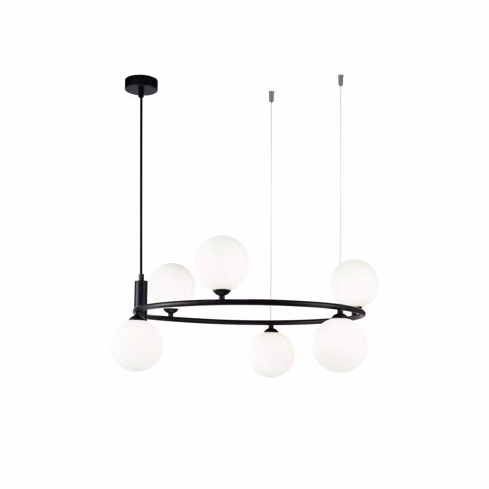 Lampadario Contemporaneo Ring Metallo Nero 6 Luci E Diffusori Bianchi