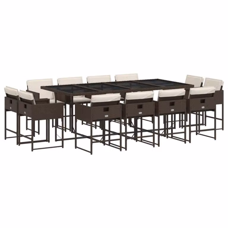 Set da Pranzo da Giardino 13pz con Cuscini Marrone Polyrattan