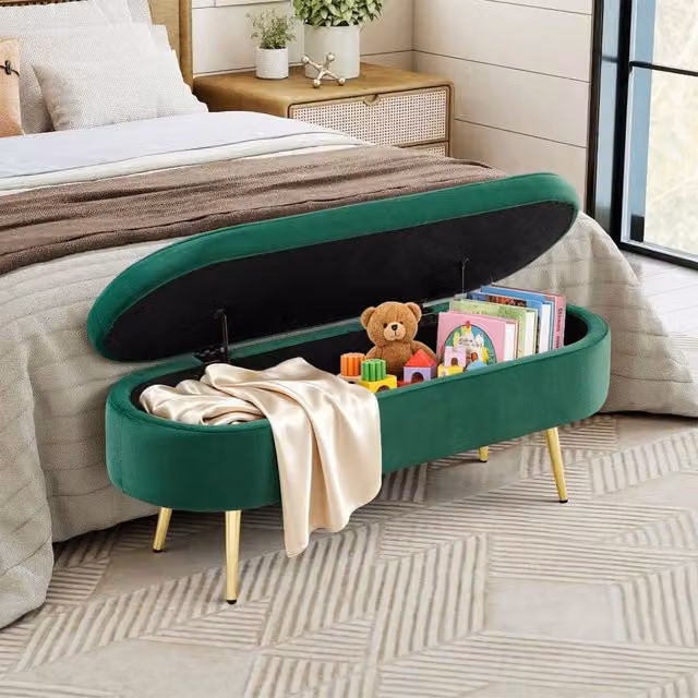 Panca Contenitore Multifunzione Minimal in Velluto Verde con Gambe in Metallo e Telaio in Legno Massello L/P/H: 110 x 40 x 42 cm