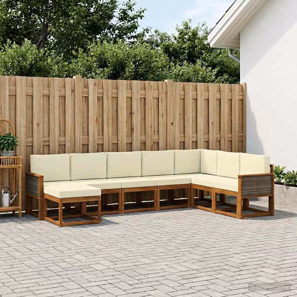 vidaXL Set di divani da esterno a L in legno di acacia con cuscini, 8 pezzi, Beige, Bianco e Marrone