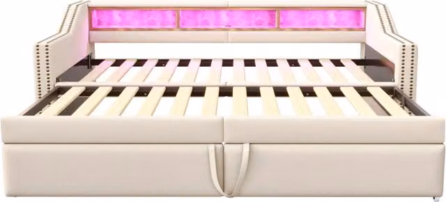 Letto a Divanetto con Letto Estrattibile, Porte USB e Illuminazione LED, Beige, L/P: 90 x 200 cm